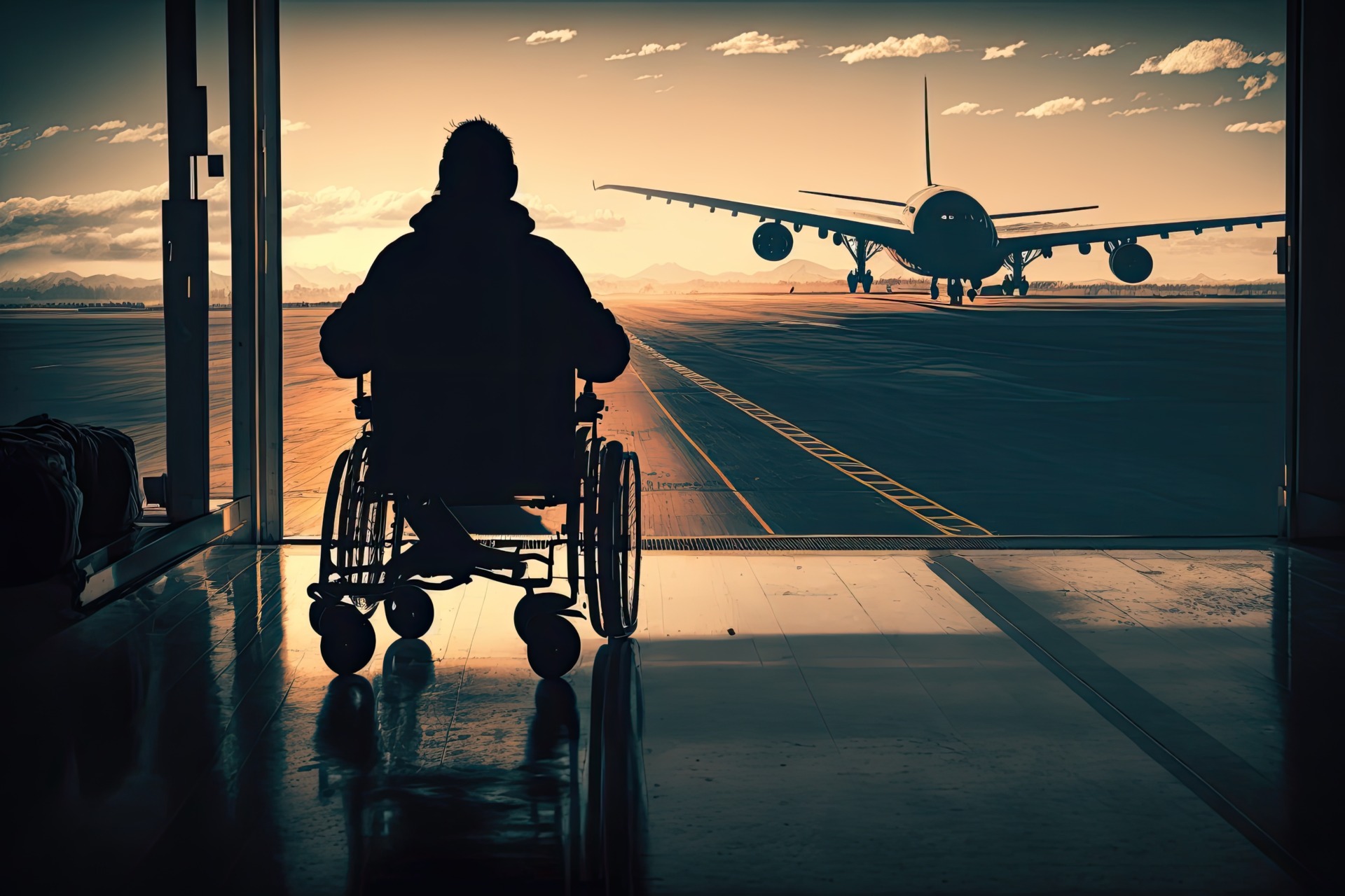 Ein Rollstuhlfahrer sieht auf ein Flugzeug