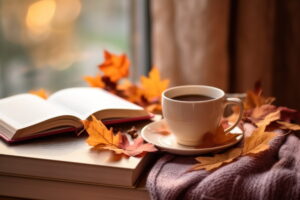 Eine Tasse Kaffee gilt für viele als bewährtes Hausmittel gegen Kopfschmerzen. Auf dem Bild ein Kaffee, ein Buch in herbstlicher Atmosphäre.