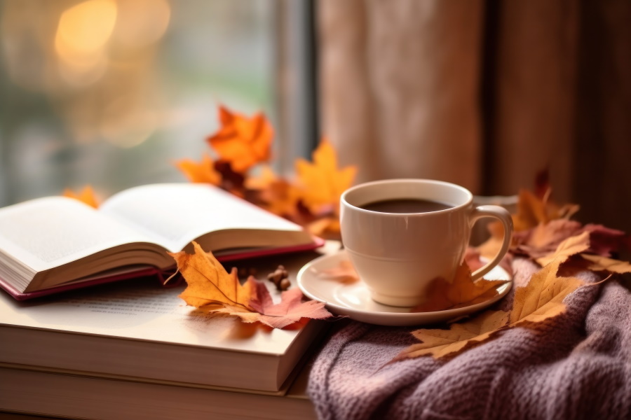 Hausmittel gegen Kopfschmerzen. Autumn cozy background with coffee. Illustration Generative AI - Vorteilhaft Leben - Vorteilhaft Leben Eine Tasse Kaffee gilt für viele als bewährtes Hausmittel gegen Kopfschmerzen. Auf dem Bild ein Kaffee, ein Buch in herbstlicher Atmosphäre.